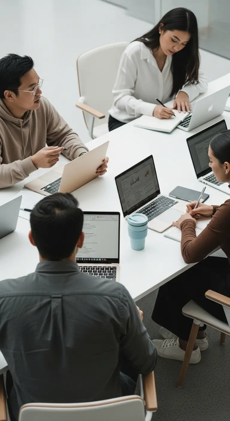Team discussing business strategy in meeting room